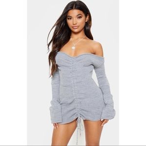 PLT Grey Ruched Off Shoulder Sweater Knit Dress